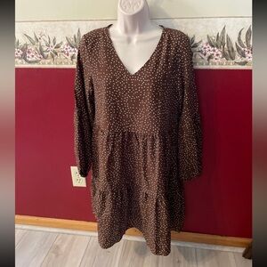 Elegant Brown Polka Dot Long Sleeve Dress